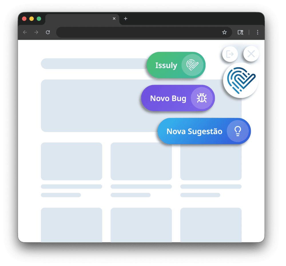 Botão flutuante da Issuly Capture na tela do produto, com opções Novo Bug e Nova Sugestão