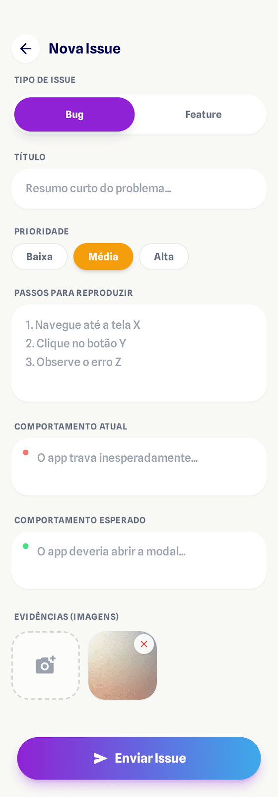 Fluxo de criação de nova issue no produto Issuly